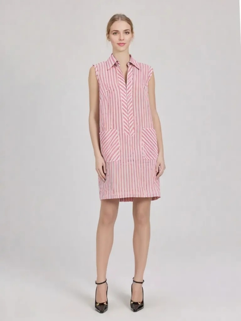 Vintage 1960s Skimma Pink White Striped Collared Shift Shirt Dress, Size M/L